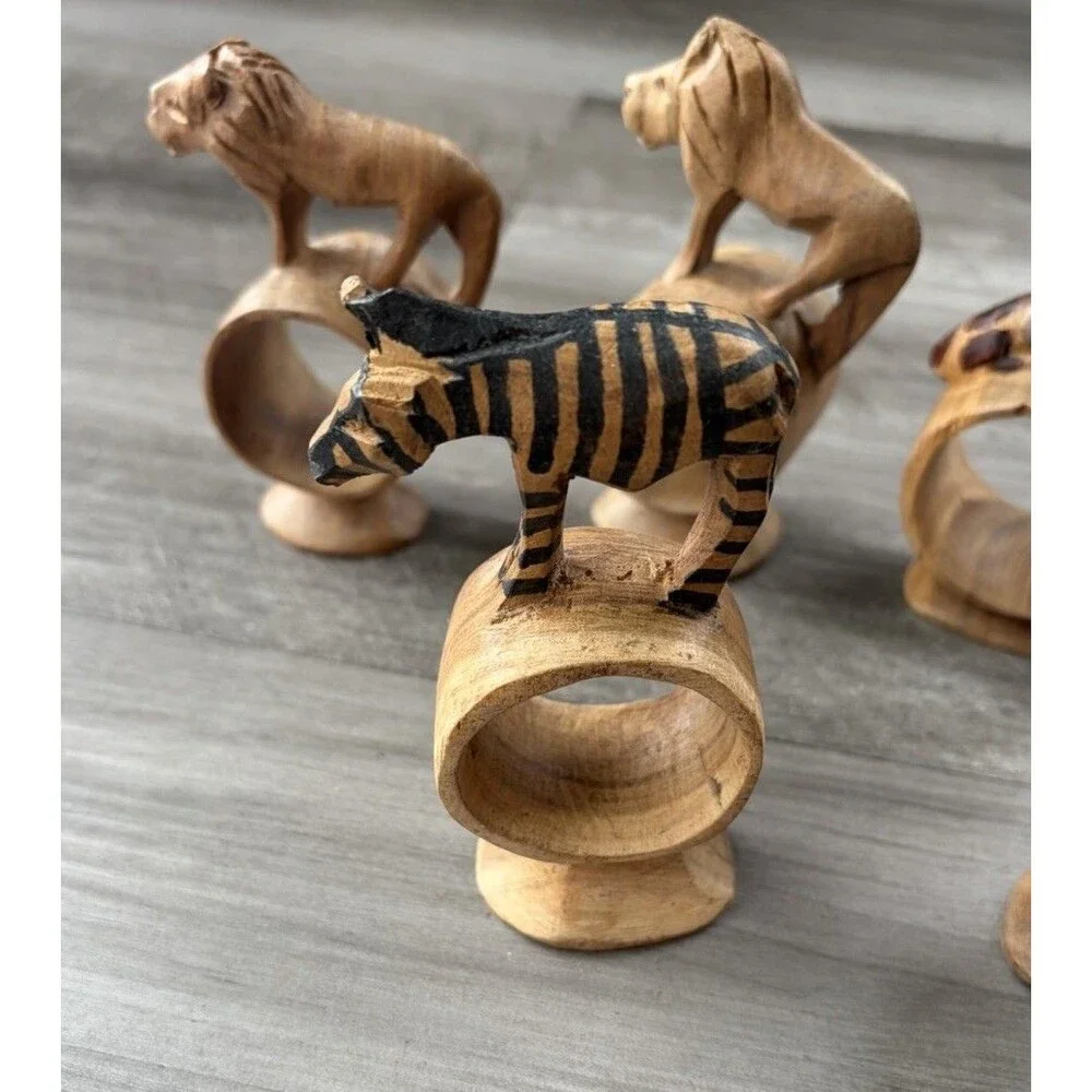 Vtg African Safari Hand Carved Wood Napkin Rings Zebra Bowls Set Animal Folk Art
